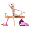 Mattel Canada Inc. Barbie® Gymnastic Playset with Blonde Gymnast Doll, C-Clip for Flipping Action, Balance Beam, Warm-Up Suit & Accessories Fashion