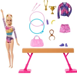 Mattel Canada Inc. Barbie® Gymnastic Playset with Blonde Gymnast Doll, C-Clip for Flipping Action, Balance Beam, Warm-Up Suit & Accessories Fashion