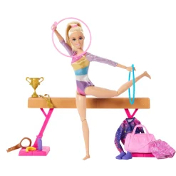 Mattel Canada Inc. Barbie® Gymnastic Playset with Blonde Gymnast Doll, C-Clip for Flipping Action, Balance Beam, Warm-Up Suit & Accessories Fashion